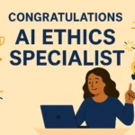 Infographic celebrating AI Ethics Specialist holiday with a smiling woman, laptop, lightbulb, and festive icons