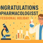 Infographic celebrating Biopharmacologists with lab tools and festive design