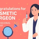 Infographic celebrating Cosmetic Surgeon Day with a female doctor, syringe, mirror, and confetti