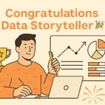 Infographic celebrating Data Storyteller holiday with a male analyst, data dashboard, trophy, and festive elements