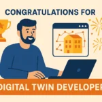 Infographic for Digital Twin Developer holiday with a developer, laptop, building model, and celebratory icons