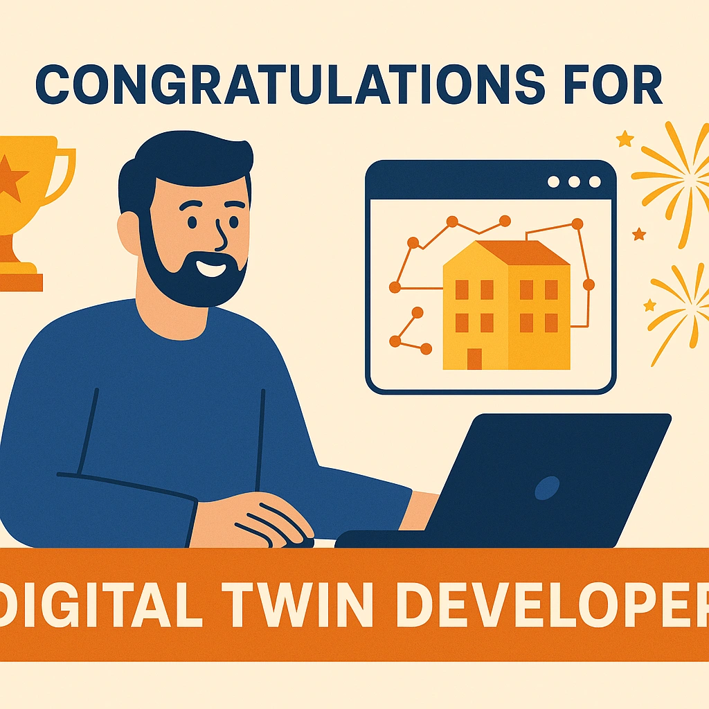 Infographic for Digital Twin Developer holiday with a developer, laptop, building model, and celebratory icons