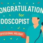 Flat-style infographic saying "Congratulations for Endoscopist" with medical professional holding endoscope and festive confetti