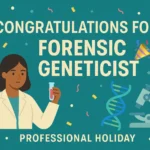 Infographic celebrating Forensic Geneticist Day with a female scientist, DNA helix, and microscope