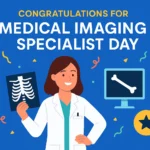 Infographic for Medical Imaging Specialist Day featuring a smiling doctor holding an X-ray and celebratory design elements
