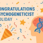 Infographic celebrating Psychogeneticists with DNA, brain, and festive icons
