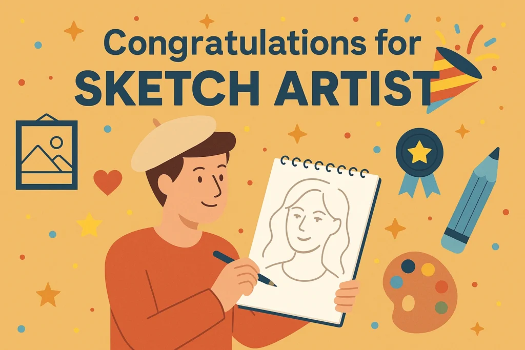 Infographic celebrating Sketch Artists with festive icons and drawing tools